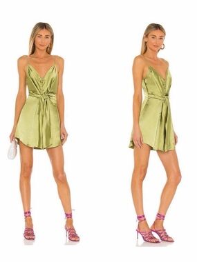 L'Academie Olive Green Satiny Dress with Tie Front Large